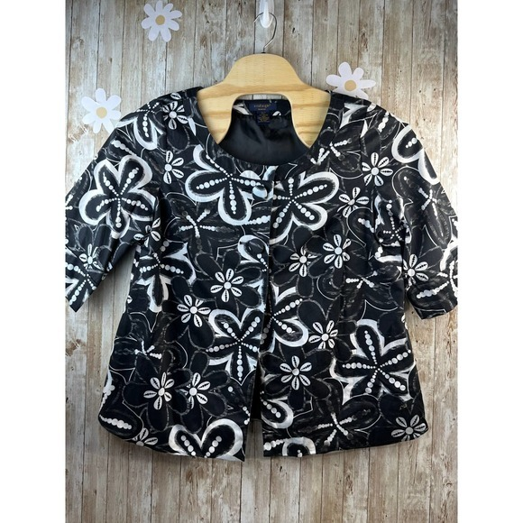 Ecologie Blazer Womens Sz 1X Black White Floral Round Neck Half Sleeves Lined‎ - Picture 1 of 10